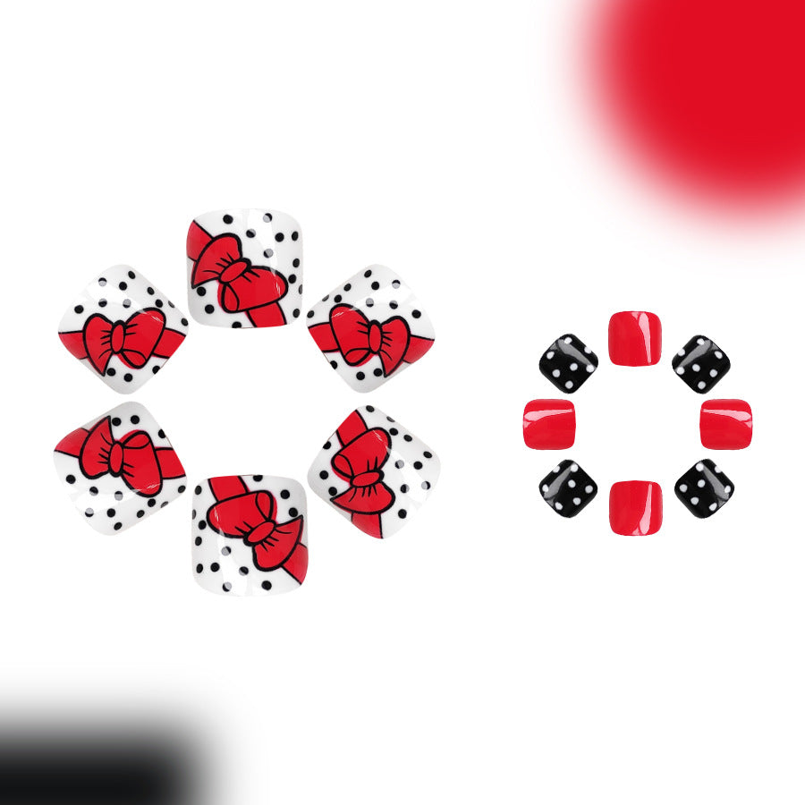 Retro Glam Short Square Polka Dot and Bow Red & White Press On Nail Set with Dice Accent