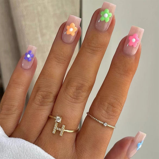 Garden Party Long Square Sheer Lilac 3D Flower Embellished Press On Nail Set