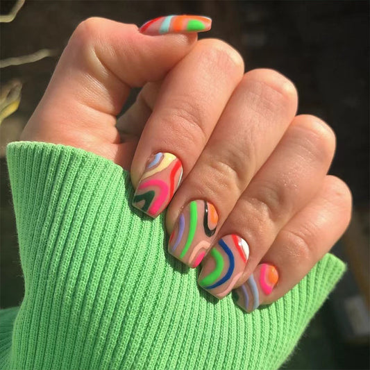 Groovy Swirls Short Square Multicolor Abstract Marble Press On Nail Set