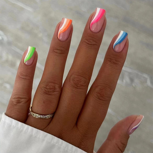 Candy Swirl Dreams Long Square Multicolor Stripe Press On Nail Set with Glossy Finish