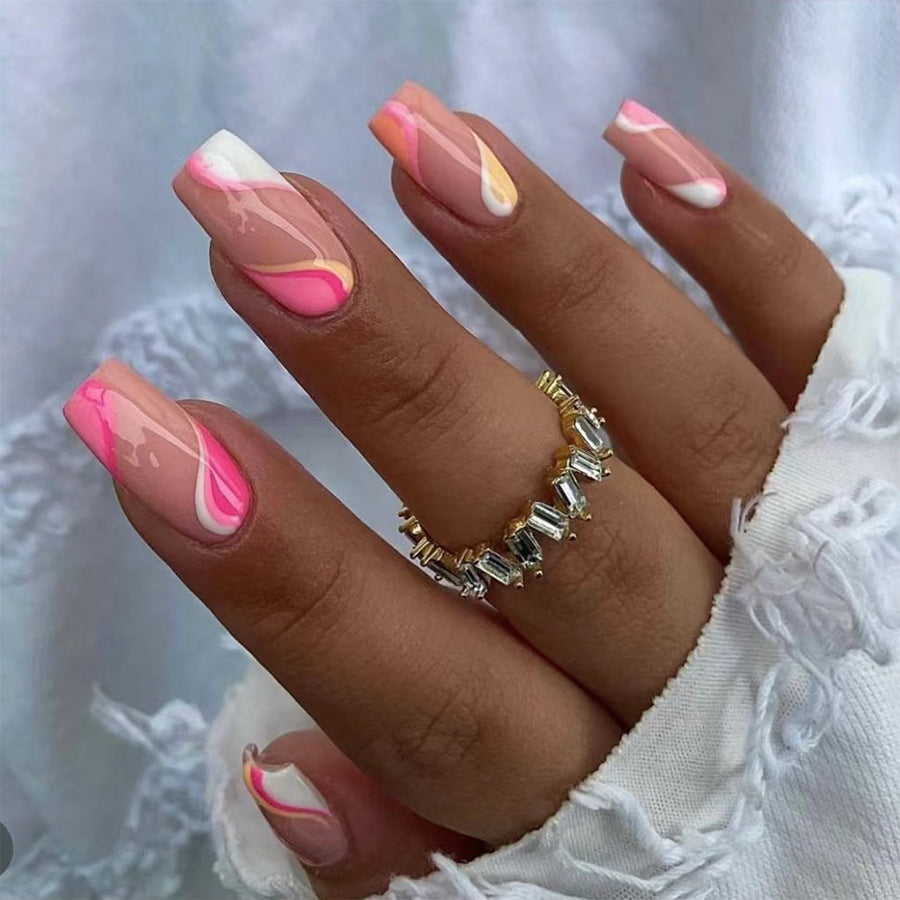 A set of long square-shaped press-on nails with a pink marble swirl design.