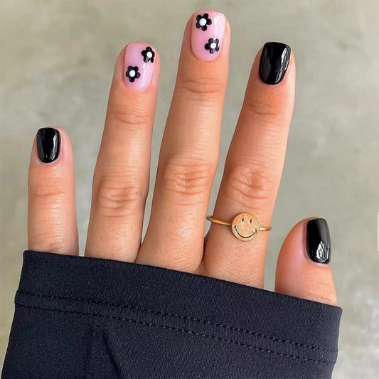Spring Blossom Collection Short Length Square Pink and Black Press On Nails with Floral Accents