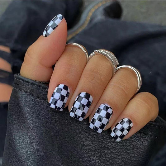 Chessboard Charm Medium Square Black and White Checkered Press On Nail Set with Glossy Finish