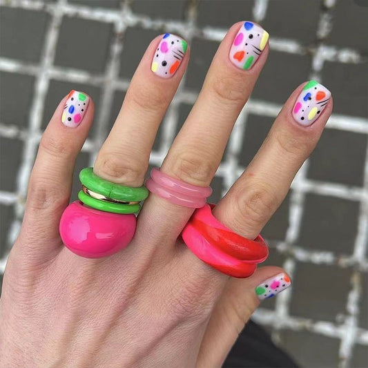 Candy Wonderland Medium-Length Square Multicolor Confetti Press On Nail Set with Fruit Designs