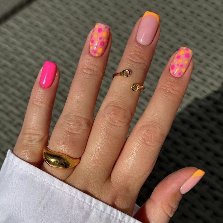 Summer Glow Medium Square Pink and Yellow Ombre Press On Nail Set with Polka Dots Detail