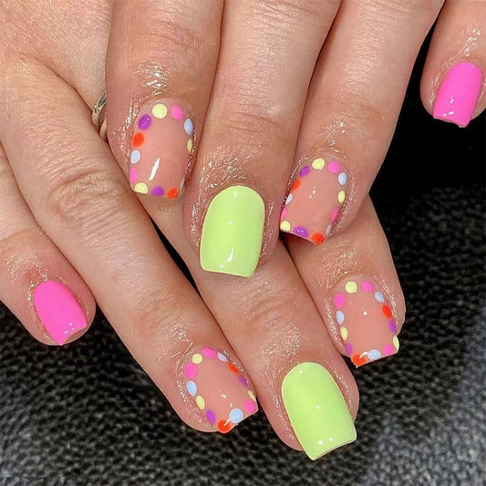 Candy Carnival Short Length Square Press On Nail Set in Neon Pink and Lime Green with Polka Dot Accents