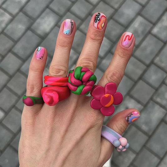 Candy Wonderland Short Squoval Multicolor Press On Nail Set with Playful Abstract Art Design