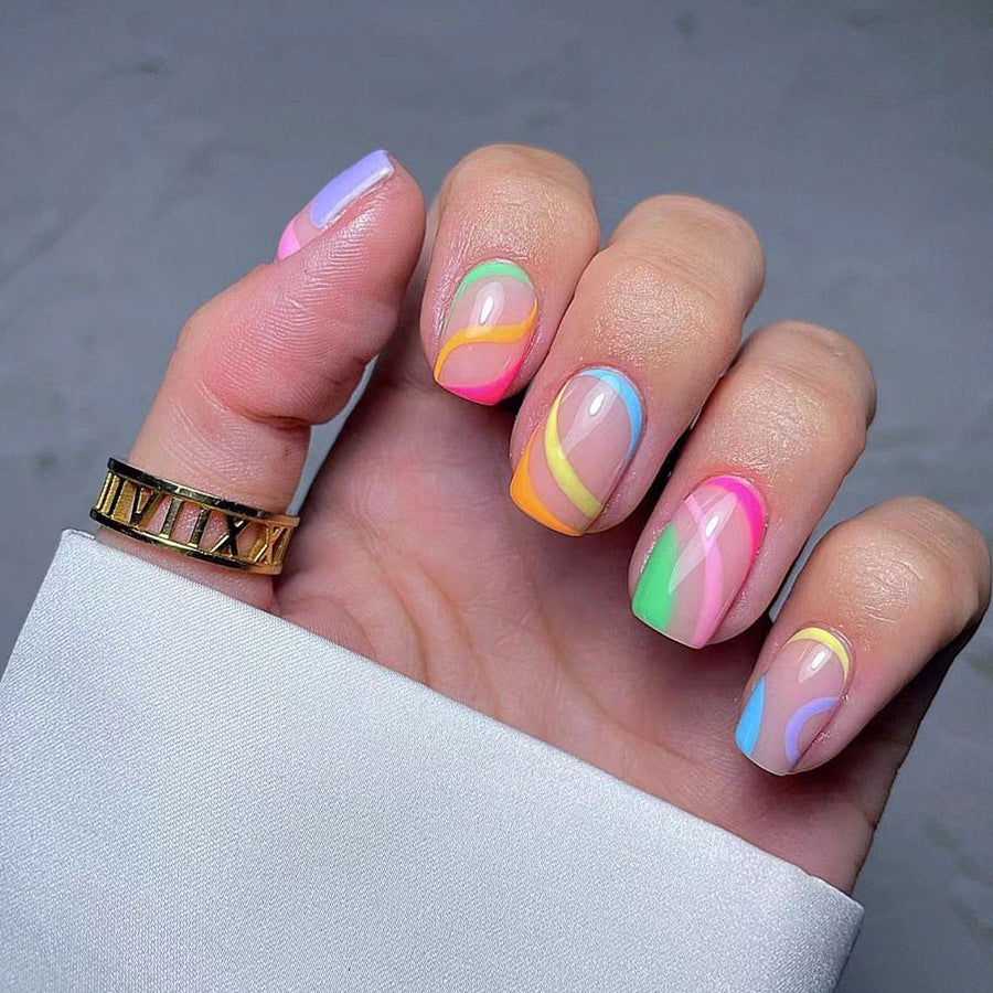Summer Glow Medium-Length Square Multicolor Pastel Rainbow Swirl Press On Nail Set