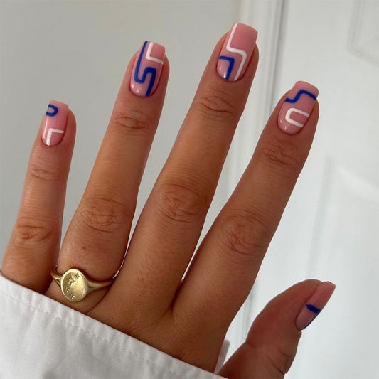 Retro Waves Medium Square Pink and Blue Abstract Design Press On Nail Set