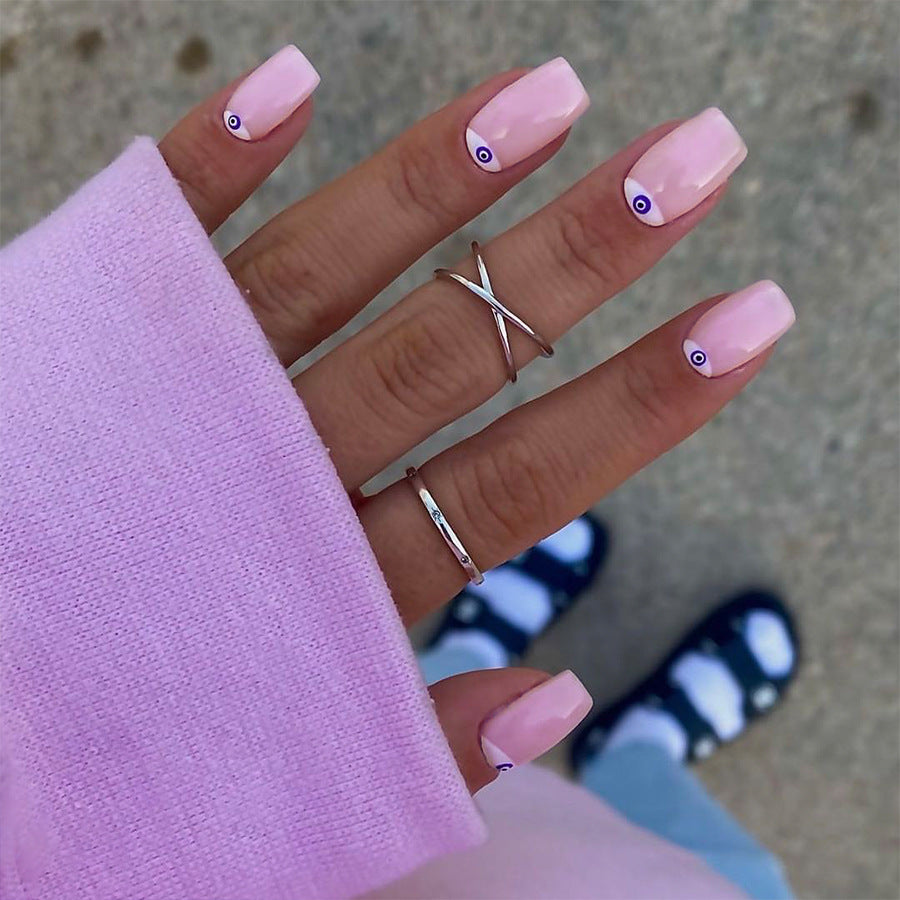 Boho Charm Medium Length Square Shape Pastel Pink Press on Nails with Evil Eye Accent