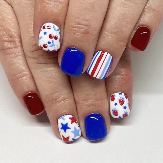 Patriotic Parade Short-Length Square Press On Nail Set with Red Blue and White Colors and Dual Design Feature