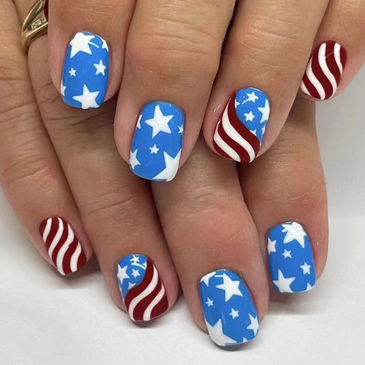 Patriotic Pride Short Squoval Blue and Red Star-Spangled Stripe Press On Nail Set with Easy Application Design
