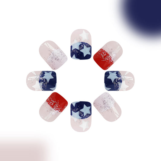 Patriotic Starry Short Square Red White and Blue Glitter Nail Set