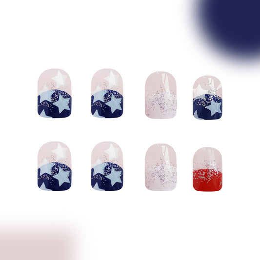 Celestial Celebration Short Square Navy and Red Glitter Star Press-On Nail Set
