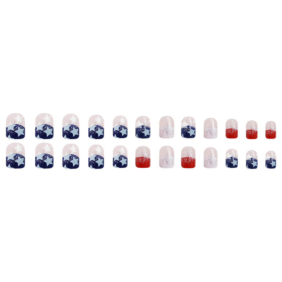 Stars and Stripes Chic Short Square Red and Blue Glitter Ombre Nail Set