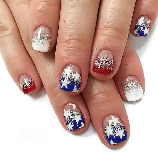 Patriotic Celebration Short Square Press On Nail Set with Red, White, Blue & Glitter Star Design