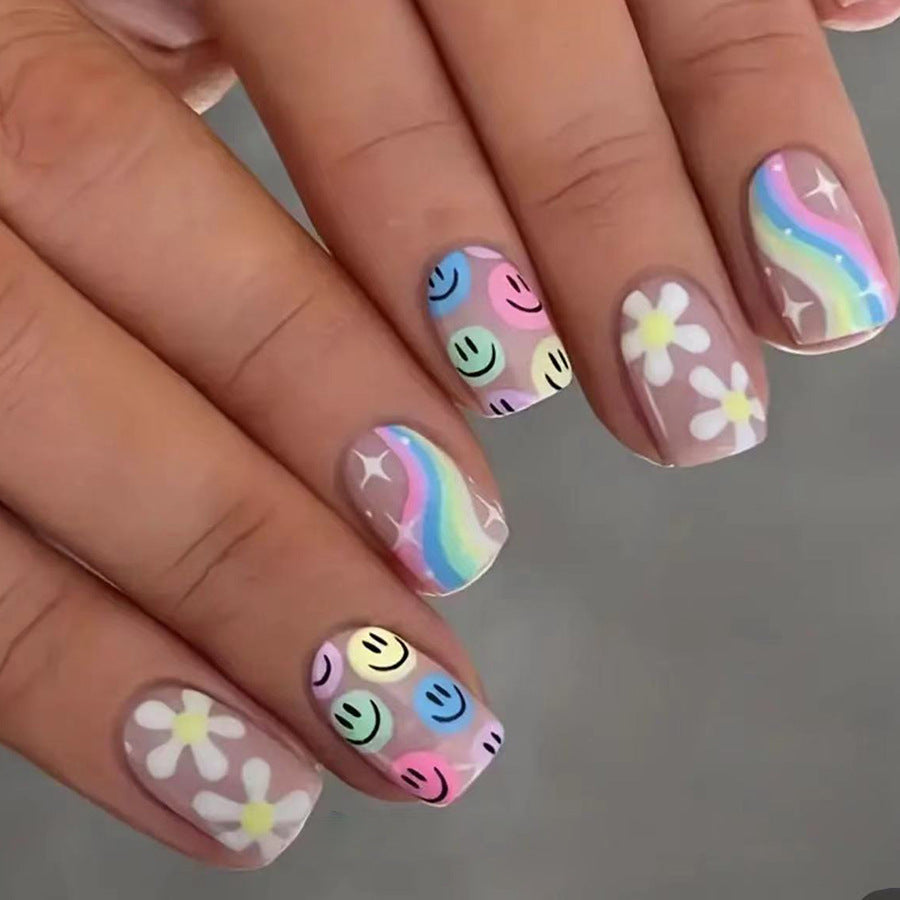 Enchanted Garden Medium Length Square Pastel Multi-Patterned Press On Nail Set with Holographic Accents