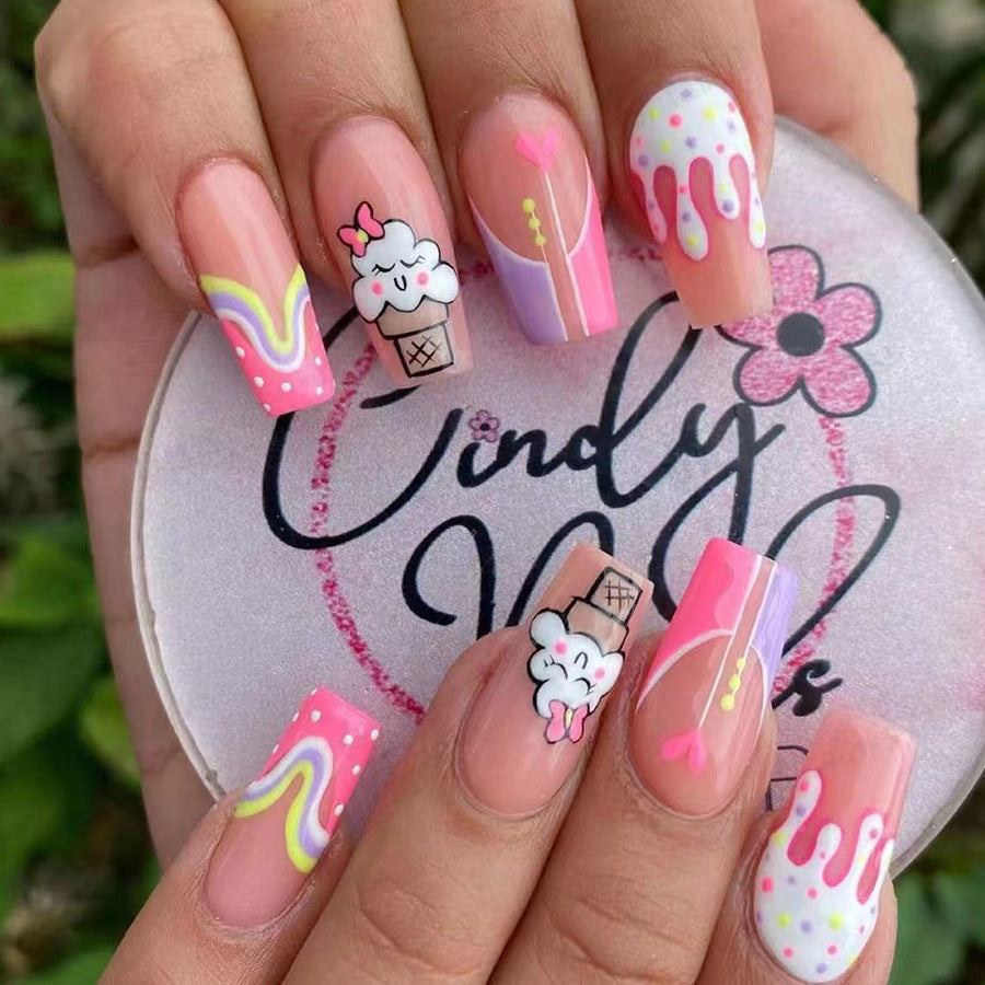 Candy Land Fantasy Medium Coffin Pink Press On Nail Set with Playful Dessert Accents