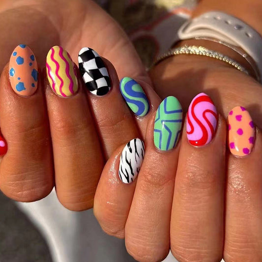 Funky Fashion Short Oval Multicolor Patterned Press On Nail Set with Unique Doodle Designs