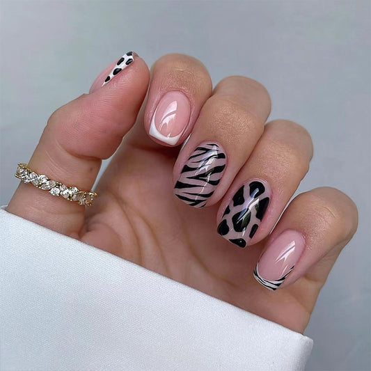 Safari Chic Medium Length Square Press On Nails with Pink Base and Animal Print Accents