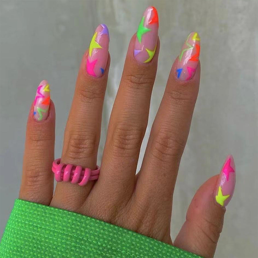 Neon Fantasy Long Almond Sheer Pink with Vibrant Swirl Accents Press On Nail Set