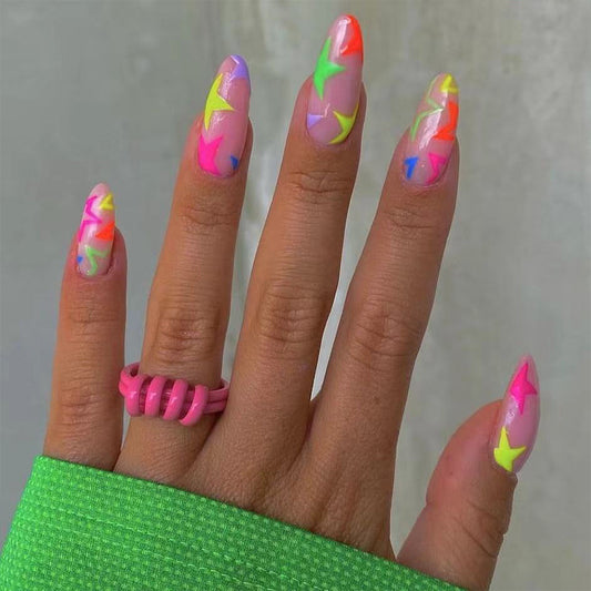 Neon Fantasy Long Almond Sheer Pink with Vibrant Swirl Accents Press On Nail Set