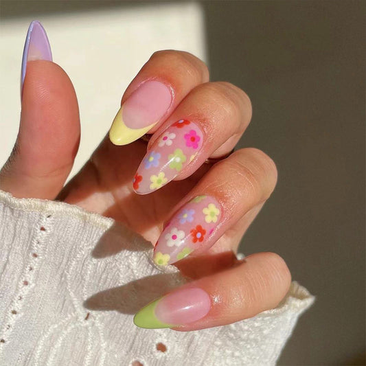 Pastel Perfection Medium Almond Multicolor Ombre with Floral Pattern Press On Nail Set
