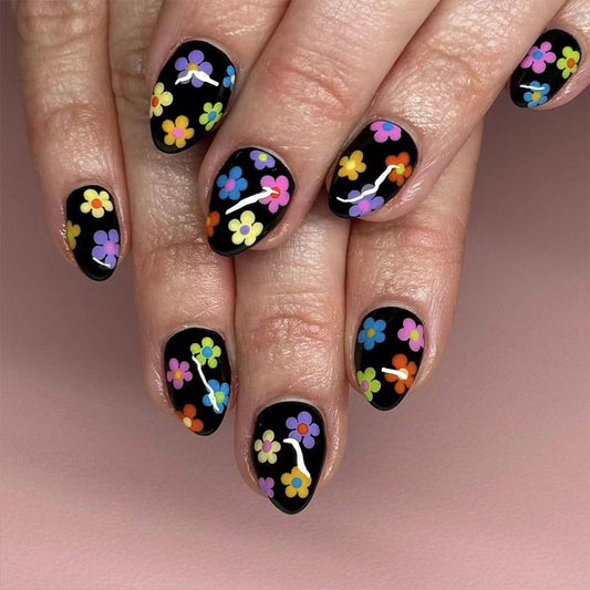 Floral Fantasy Short-Length Oval Black Press On Nail Set with Colorful Flower Accents