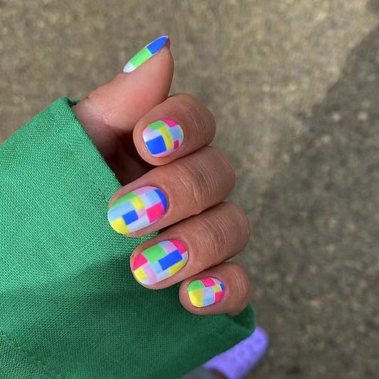 Retro Rainbow Charm Medium Length Oval Shaped Multicolor Geometric Pattern Press On Nail Set