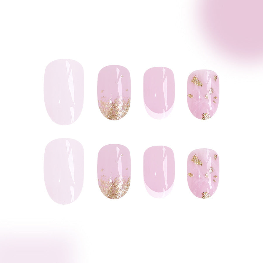 Blush Romance Elegant Short Oval Light Pink Press On Nail Set with Shimmering Gold Accents