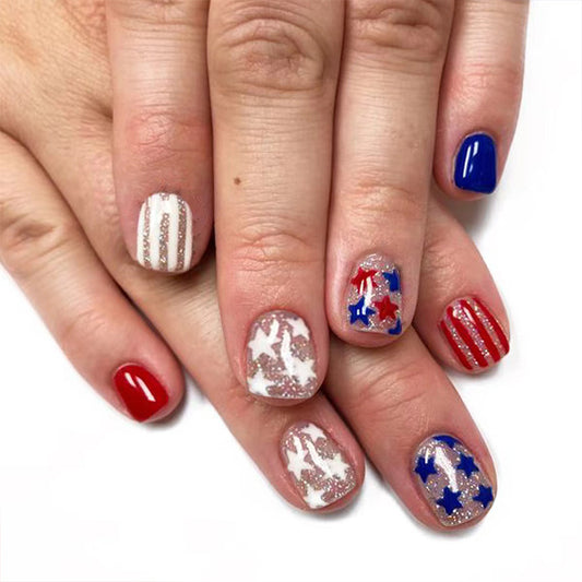 Patriotic Festival Short Length Oval Press On Nails in Red White and Blue with Glitter Accents and Star Patterns