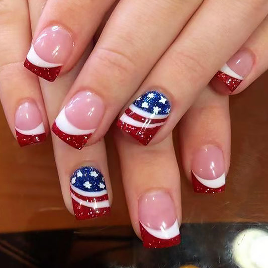 Patriotic Elegance Short Square Red White and Blue Glittery Star-Spangled Press-On Nail Set