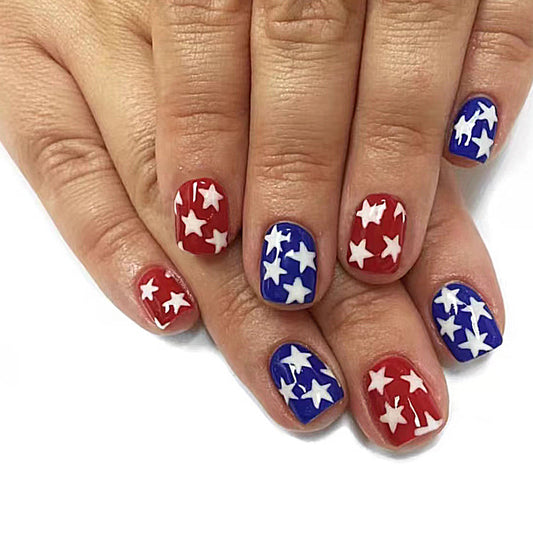 Patriotic Spirit Short Square Red and Blue Press On Nails with Star Accents for Festive Celebrations