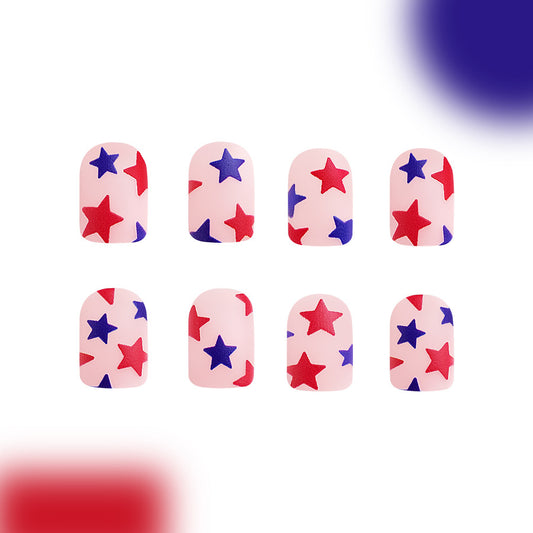Patriotic Parade Medium Square Pink Press On Nails with Red and Blue Star Accents