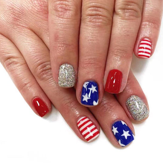 Patriotic Short Length Square Press On Nail Set in Red, White, and Blue with Glitter and Stripes