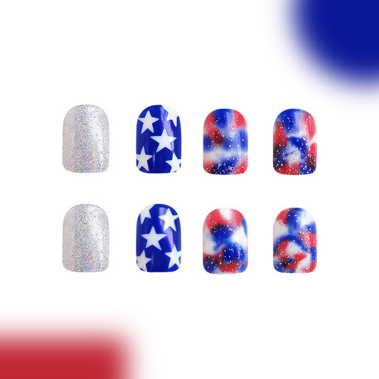 Patriotic Pride Short Round Sparkle Press On Nails with Starry Gradient Design