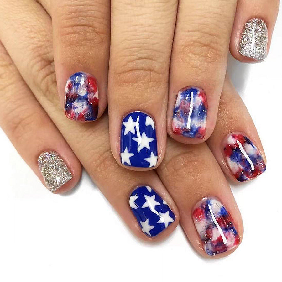 Festive Short Round Press On Nails with Red, White, Blue Marble and Glitter Detail