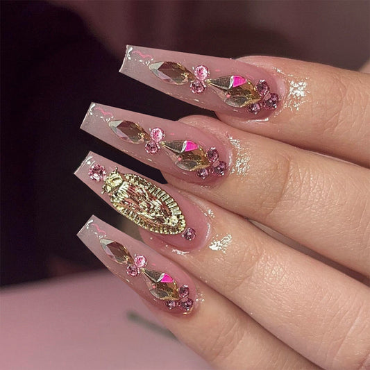 Enchanted Elegance Long Coffin Pink Glitter Press On Nail Set with Rhinestone Accents