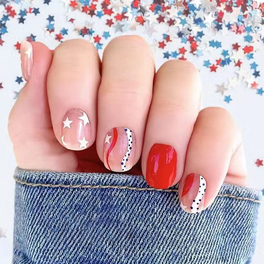 Patriotic Parade Short Oval Red White Blue Press On Nails with Star Accents for Festive Manicure