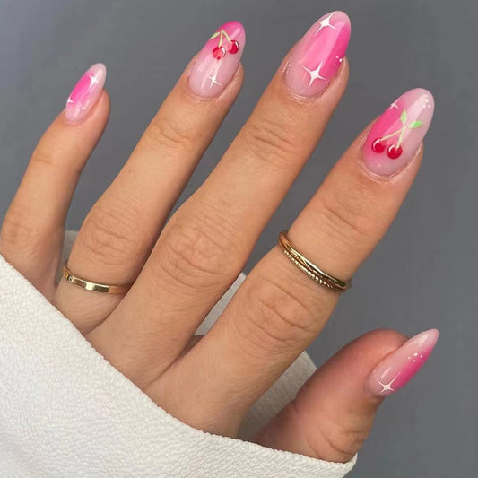 Cherry Blossom Bliss Medium Oval Press On Nails in Gradient Pink with Cherry Accent Designs