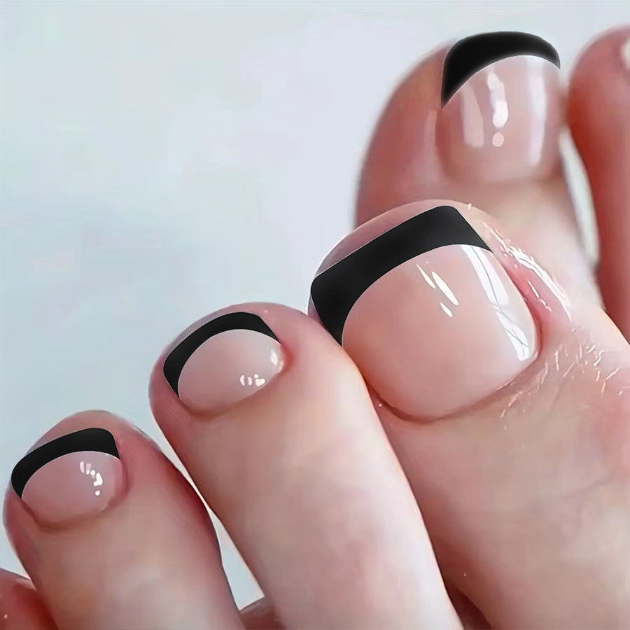 Modern Minimalist Short Square Beige Press On Nail Set with Bold Black Tips