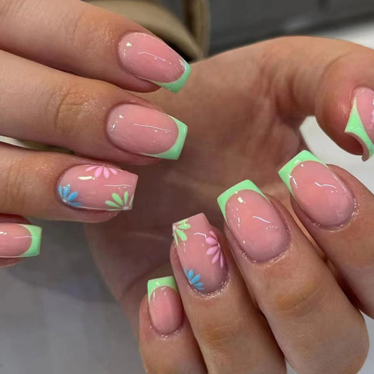 Spring Blossom Collection Medium Square Pink & Green Press On Nails with Floral Accents