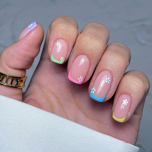 Spring Blossom Collection Short-Length Square Pastel Pink Press On Nails with Colorful Tips and Floral Accents