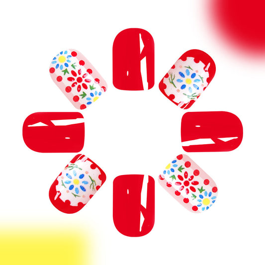 Floral Fiesta Short-Length Oval Red Press On Nail Set with Floral Accents and Glossy Finish