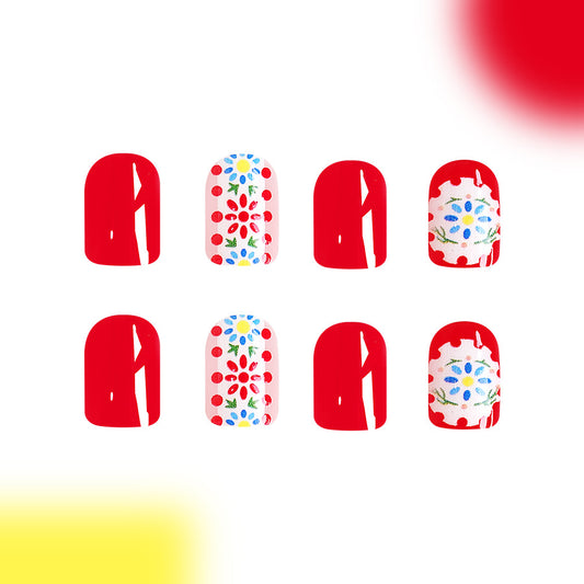 Floral Fantasy Short Oval Red Press On Nails with Colorful Flower Accents