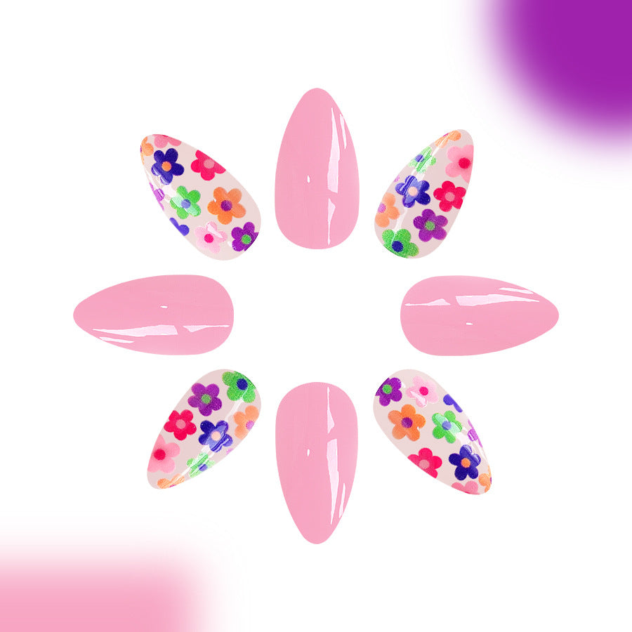 Spring Blossom Long Oval Pink Press On Nails with Floral Accents
