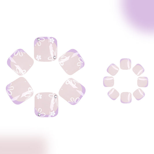 Spring Blossom Lavender Short Square Press On Nail Set with Floral Designs and Rhinestone Accents