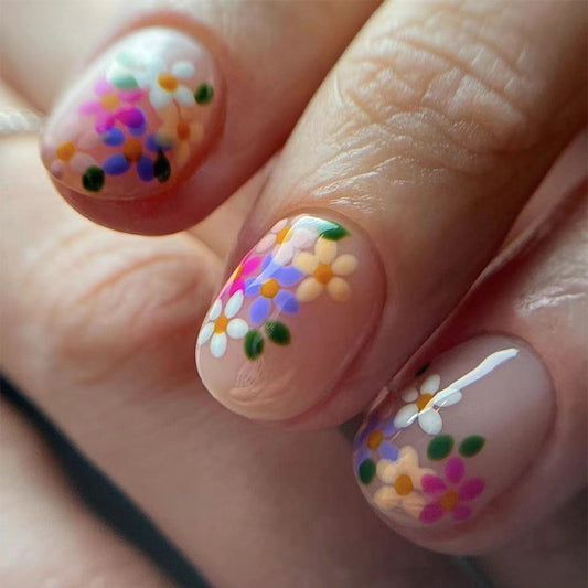 Floral Fiesta Short Oval Pink Press On Nail Set with Multicolor Polka Dot Accents