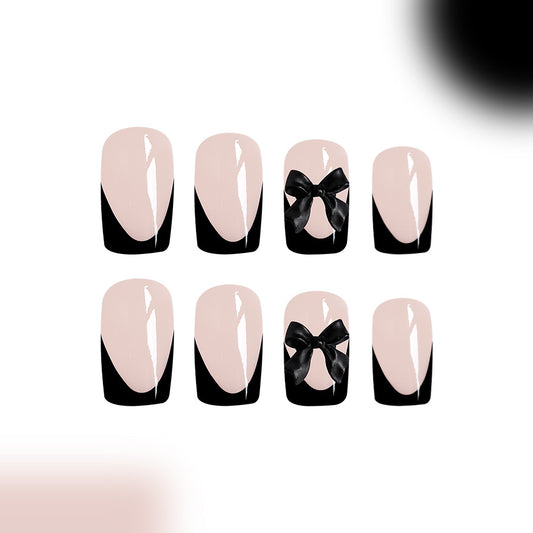 Elegant Soir‚àö¬©e Long Square Pink and Black French Tip Press On Nails with Chic Bow Accents