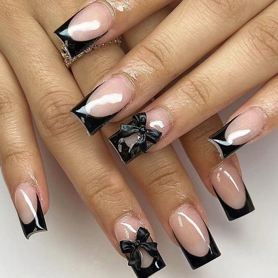 Gothic Glamour Extra Long Square Shape Black and Beige Press On Nail Set with Accent Bows